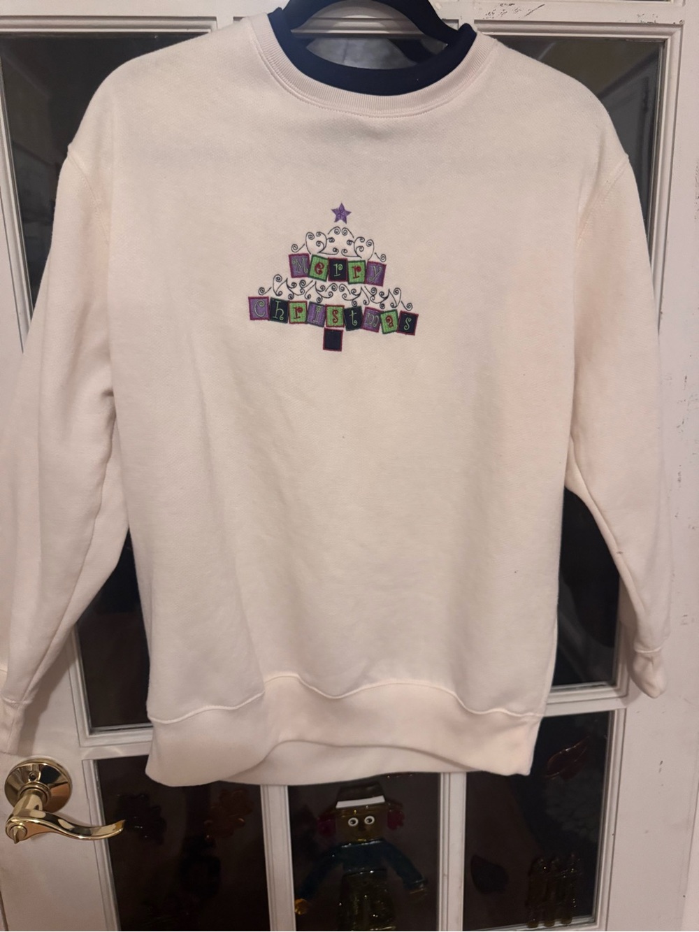 Bobbie Brooks Cream Crewneck Sweatshirt with Purple & Green Embroidered Tree